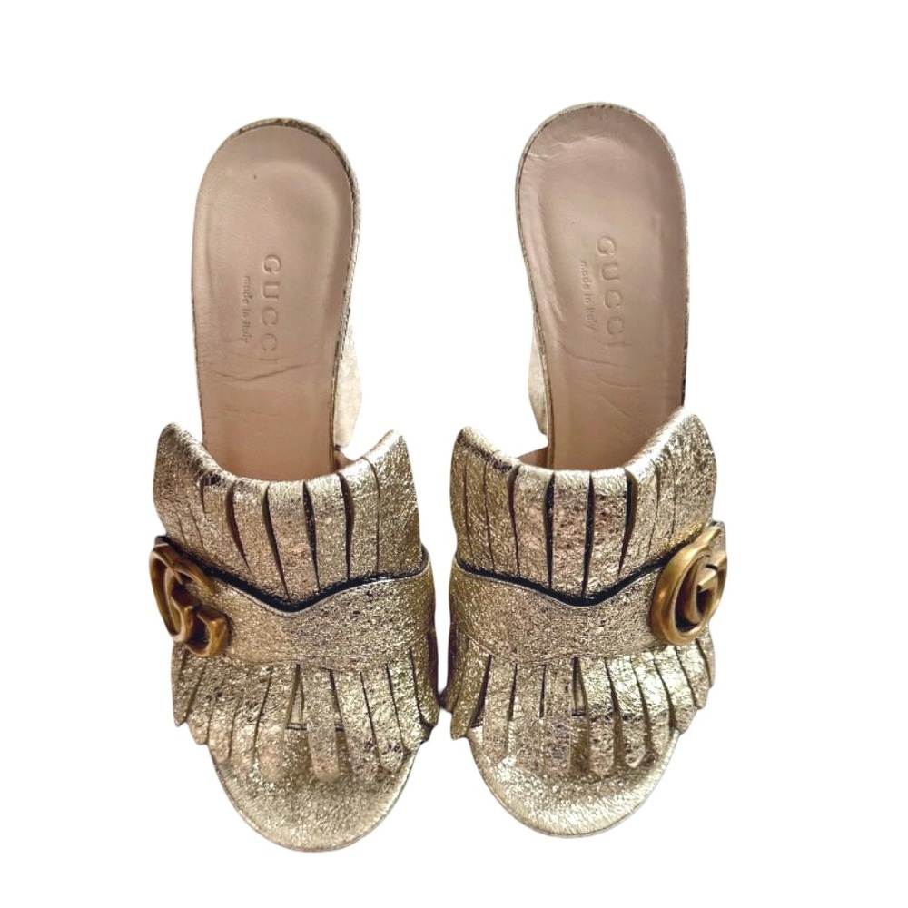 Gucci Marmont GG Gold Metallic Foil Leather Fringe Mules – EU 35½ / US 5½